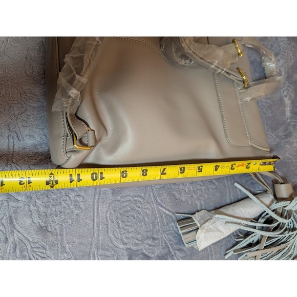 JOY IMAN Taupe Leather Convertible Backpack Tassel Gold Hardware - Picture 14 of 15